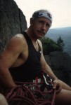 Mike on the first ascent of a new route right of Cleveland, Good Luck Cliff