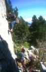 The crux of the route is moving past the first bolt, shown here
